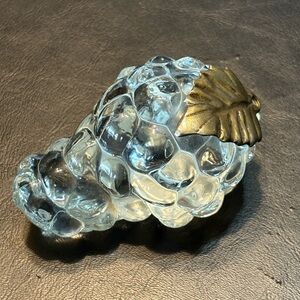 Clear Glass Grape Figurine with Brass Leaf - Home Art Decor
